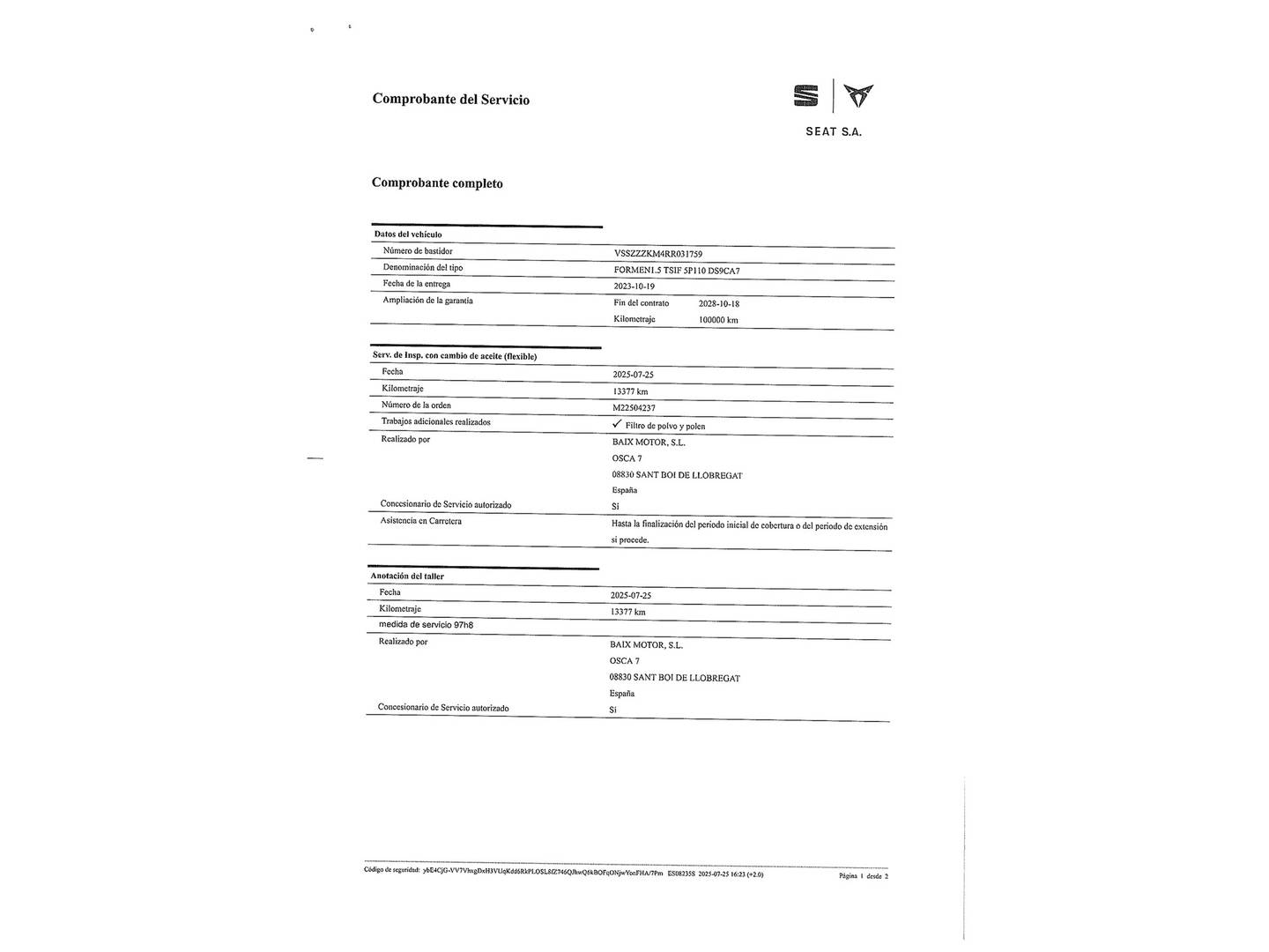 Foto del mantenimiento del Cupra Formentor Cupra Formentor 1.5 TSI DSG  (150 CV)
