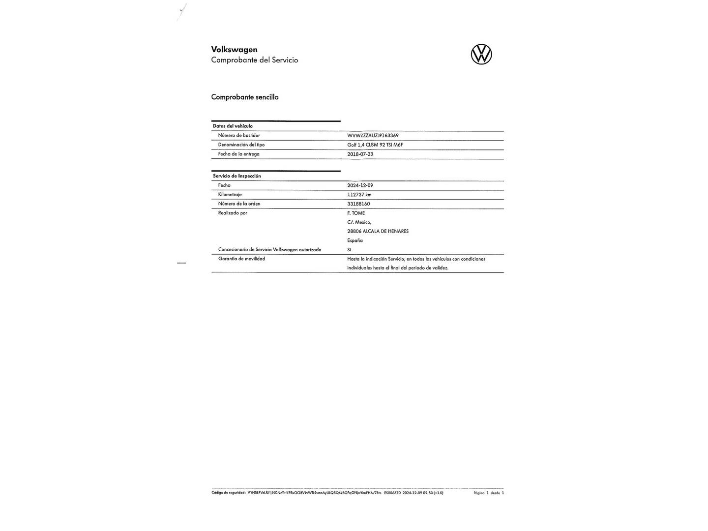 Foto del mantenimiento del Volkswagen Golf Volkswagen Golf Advance 1.4 TSI (125 CV)
