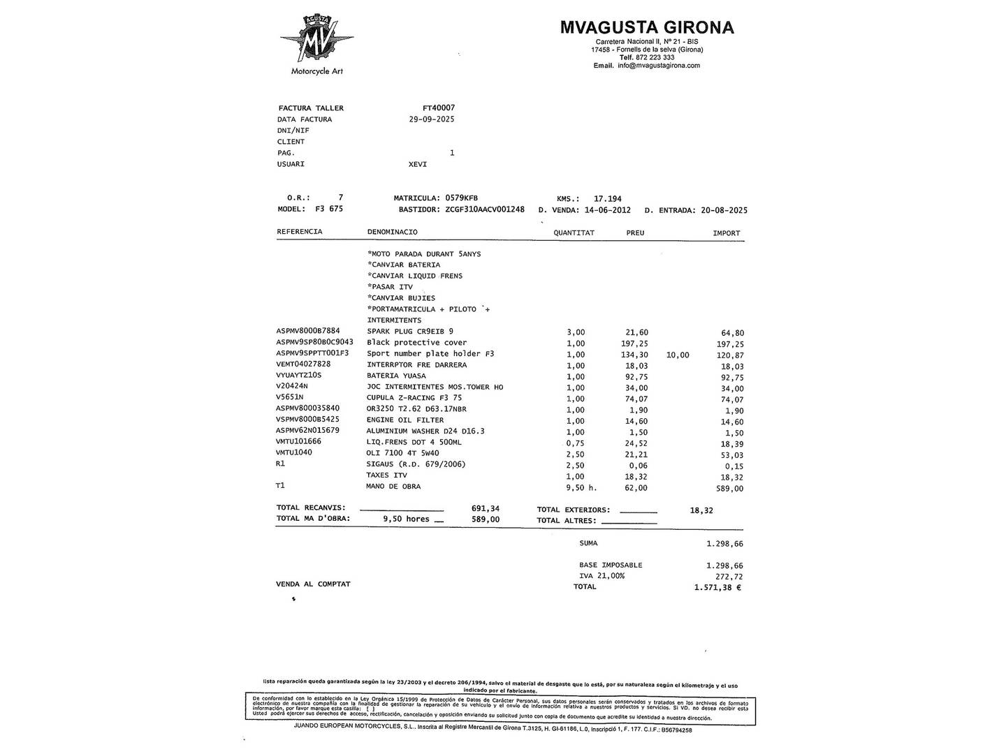 Foto del mantenimiento del MV Agusta F3 675 94 Kw (128 Cv) MV Agusta F3 675 94 Kw (128 Cv) (128 CV)
