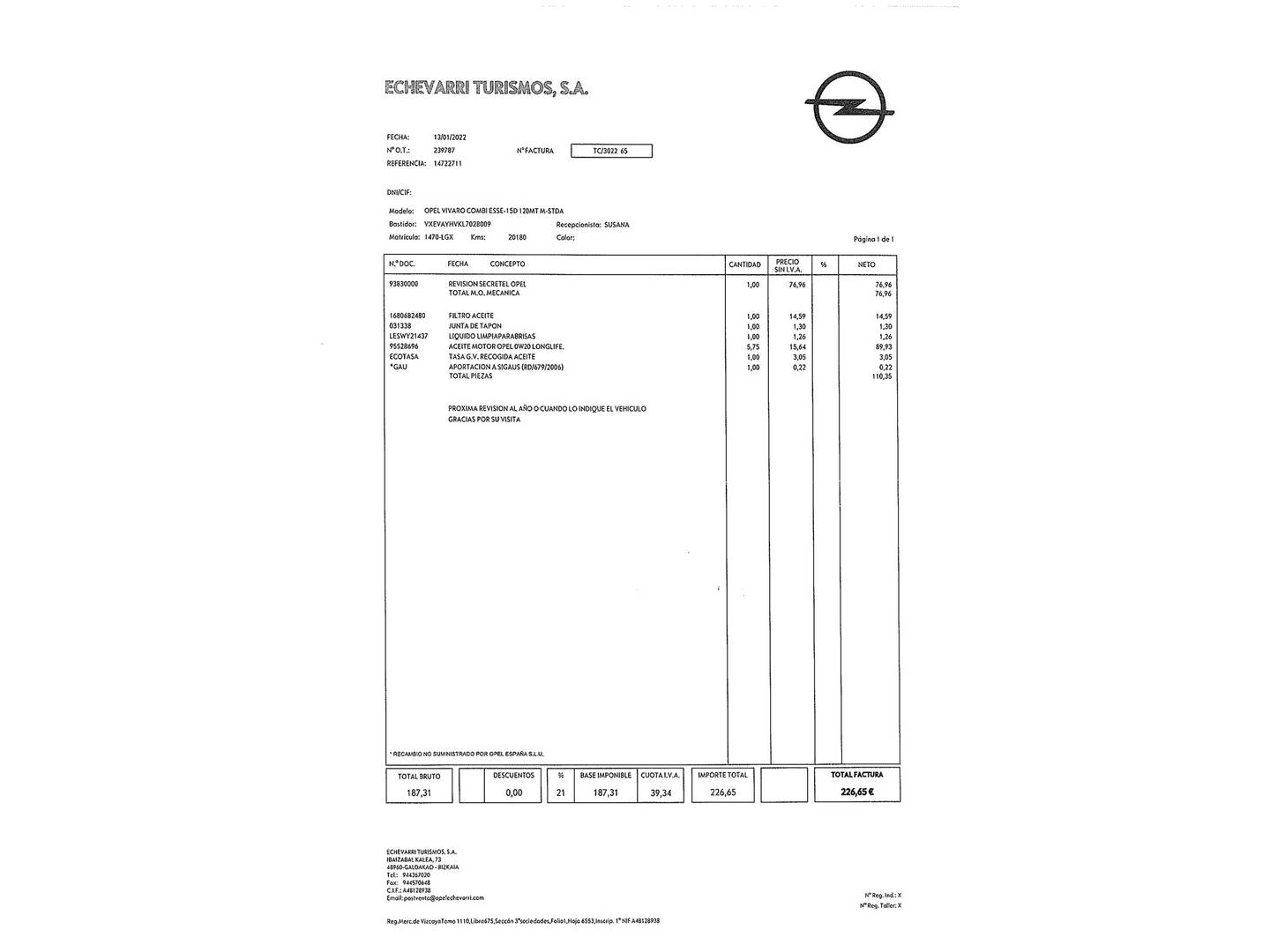 Foto del mantenimiento del Opel Vivaro Opel Vivaro Combi 1.5 Diesel M Standard Express (120 CV) Semi-camperizada 4 Plazas