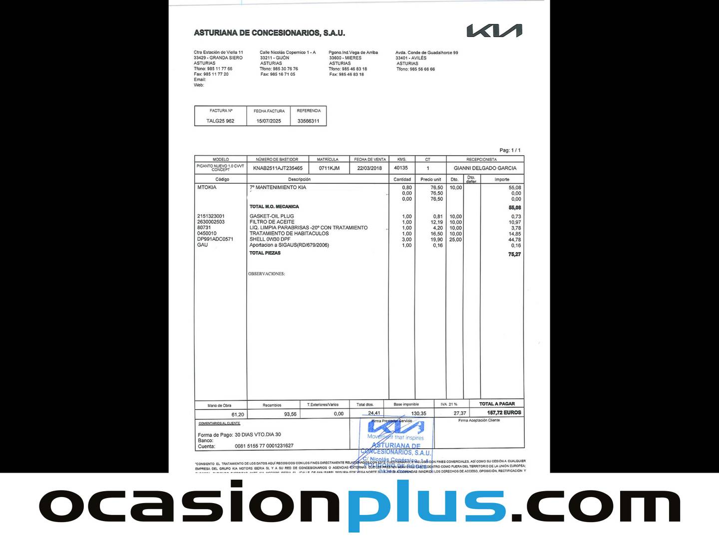 Foto del mantenimiento del KIA Picanto KIA Picanto 1.0 CVVT Concept (67 CV)