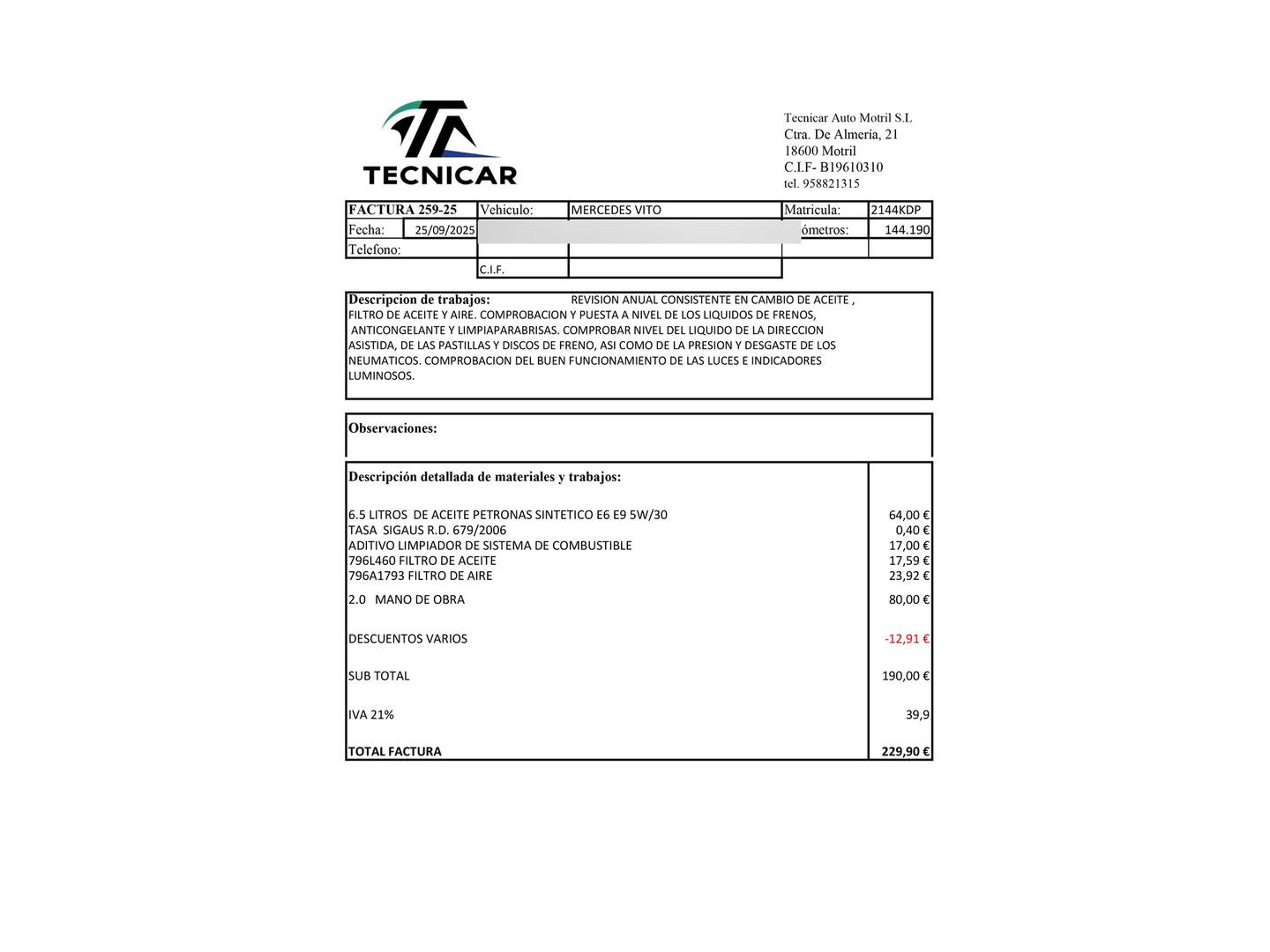 Foto del mantenimiento del Mercedes Vito Mercedes Vito 109 CDI Compacta (88 CV)