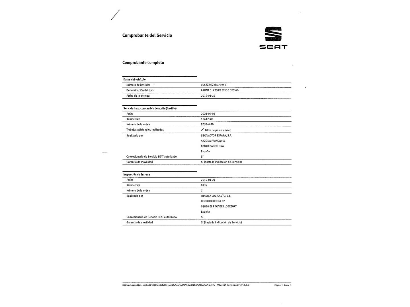 Foto del mantenimiento del Seat Arona Seat Arona 1.5 TSI FR  (150 CV)