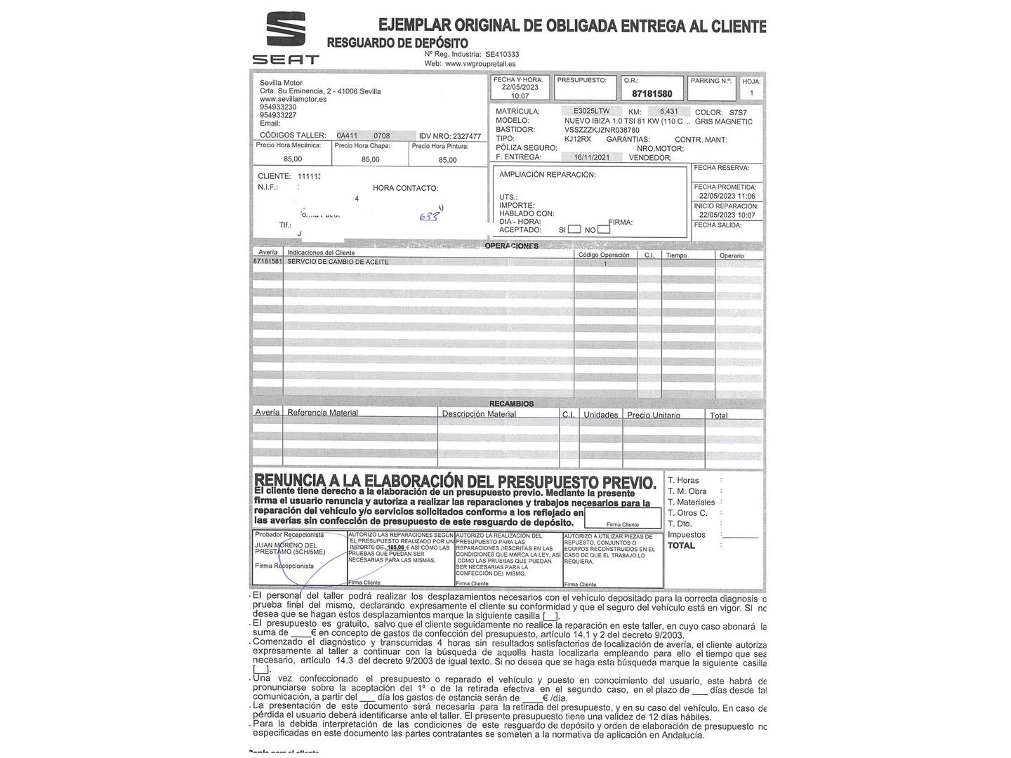 Foto del certificado del Seat Ibiza Seat Ibiza 1.0 TSI Style Plus (110 CV)