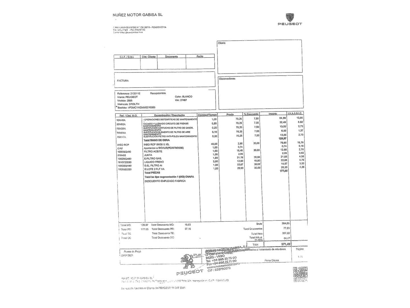 Foto del mantenimiento del Peugeot 3008 Peugeot 3008 BlueHDi 130 S&S GT (130 CV)