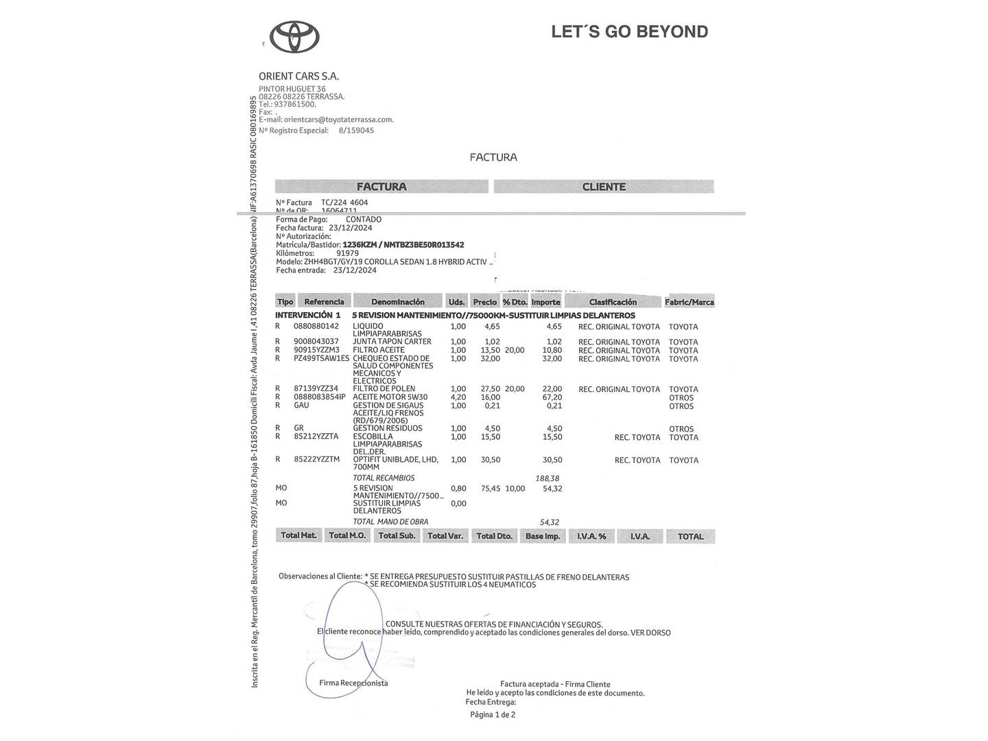 Foto del mantenimiento del Toyota Corolla Toyota Corolla 1.8 125 Híbrido Active Tech E-CVT Sedán (122 CV)