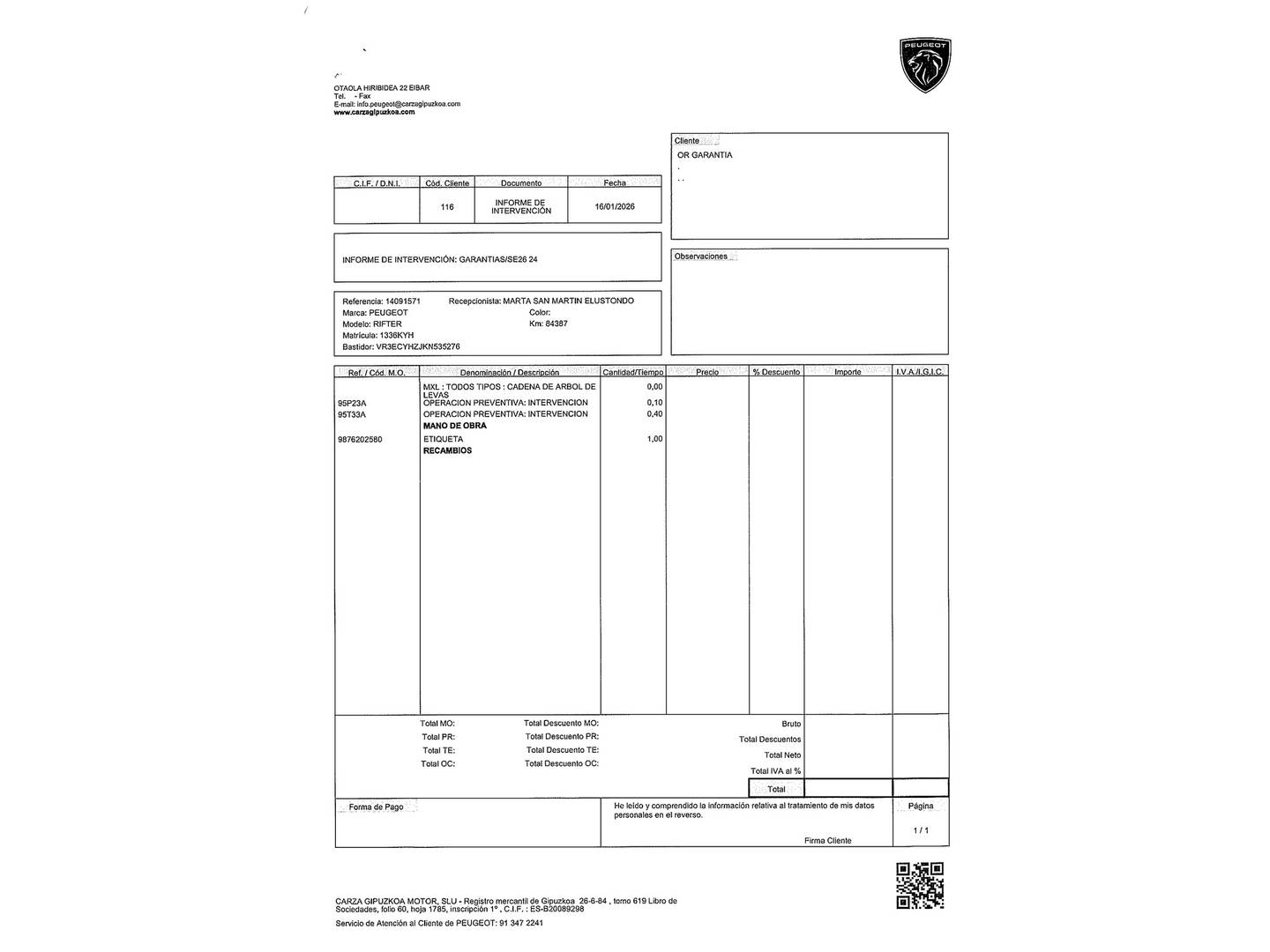 Foto del certificado del Peugeot Rifter Peugeot Rifter BlueHDi 130 Allure Standard (130 CV)