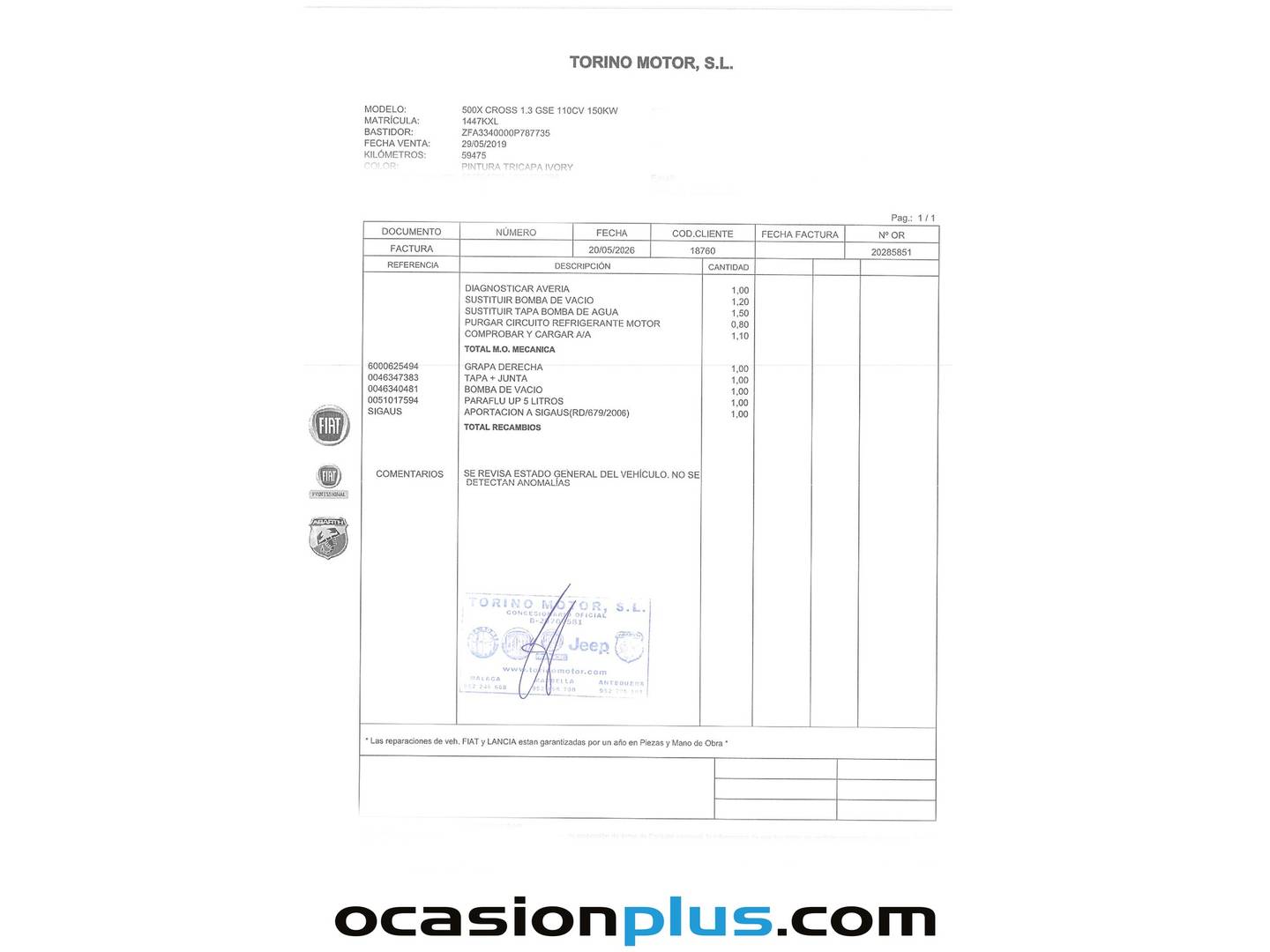 Foto del mantenimiento del Fiat 500X Fiat 500X 1.3 Firefly S&S Cross T4 DCT (150 CV)