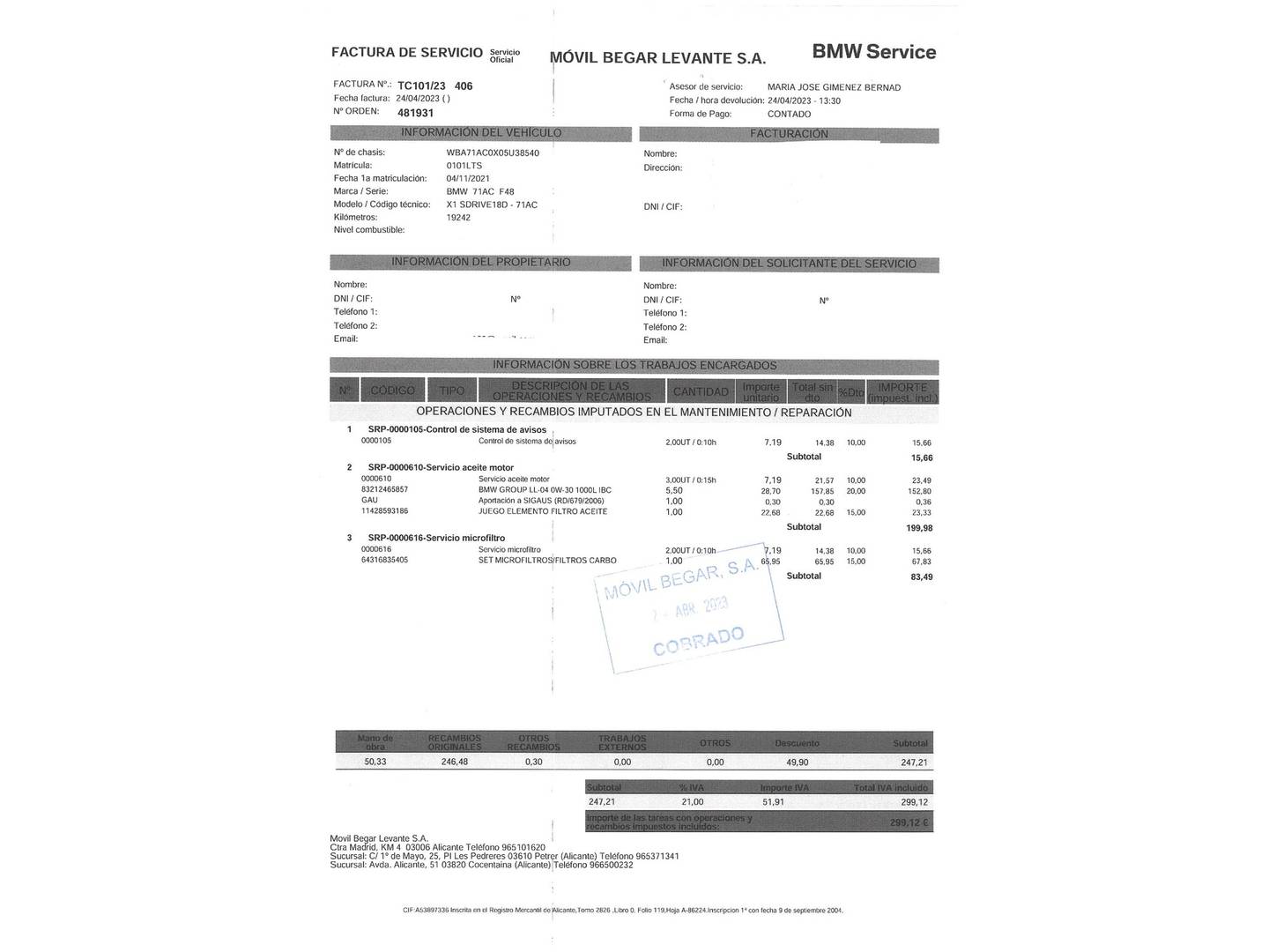 Foto del mantenimiento del BMW X1 BMW X1 sDrive18d (150 CV)