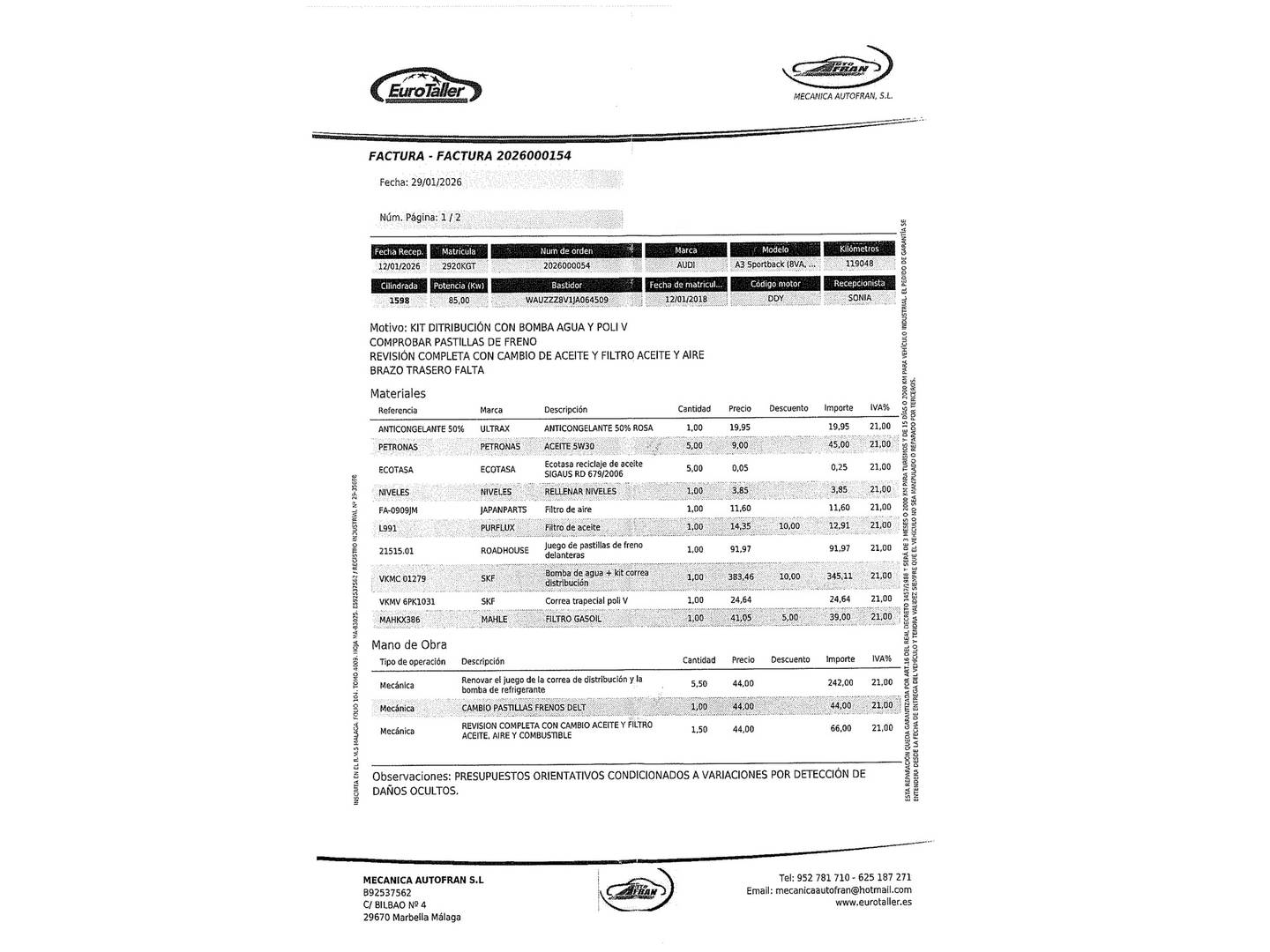 Foto del mantenimiento del Audi A3 Audi A3 Sportback S line edition 1.6 TDI (116 CV)