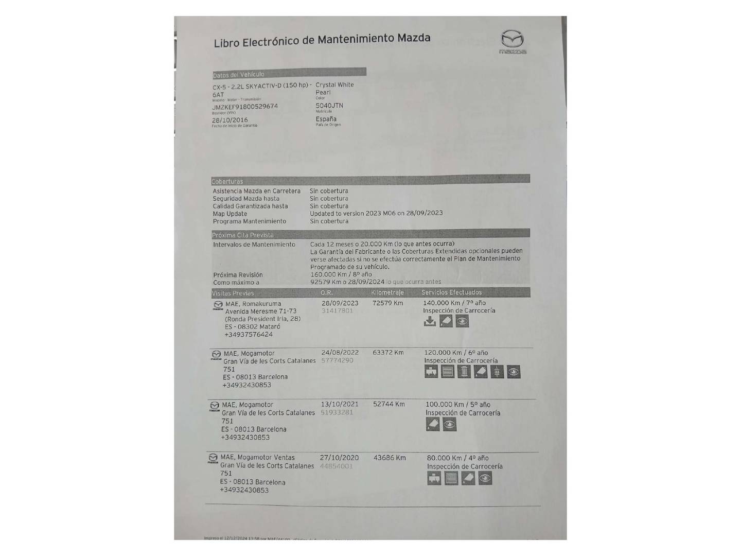 Foto del mantenimiento del Mazda CX-5 Mazda CX-5 2.2 DE Black Tech Edition 2WD Aut. (150 CV)