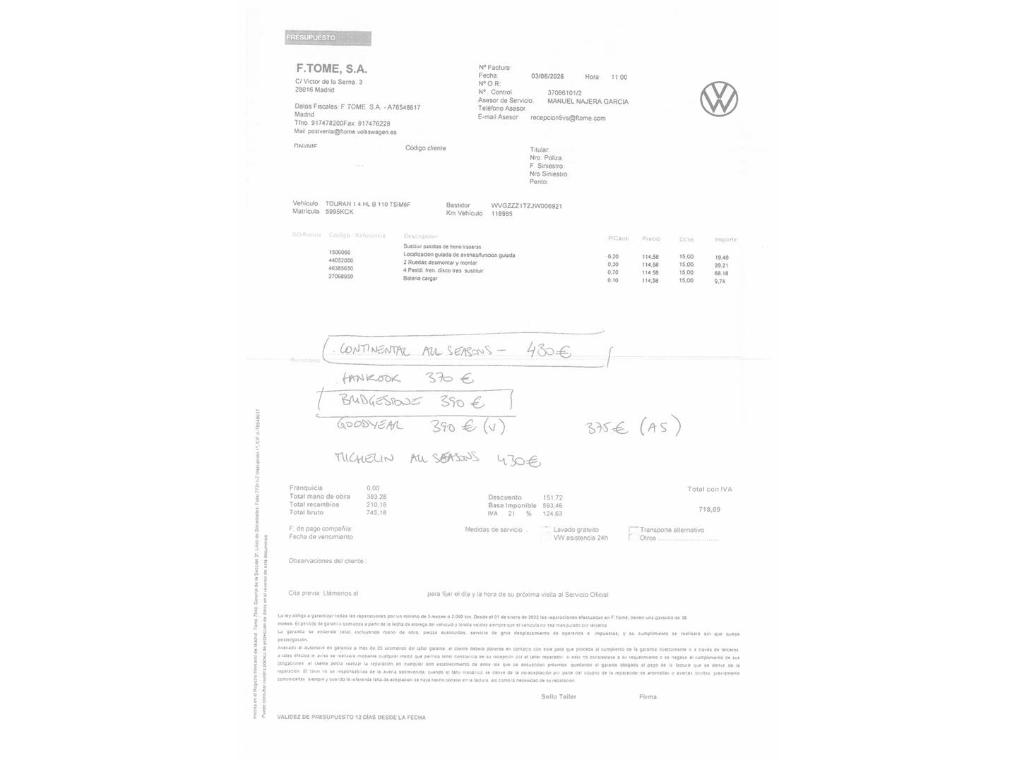 Foto del mantenimiento del Volkswagen Touran Volkswagen Touran Sport 1.4 TSI (150 CV) 7 Plazas
