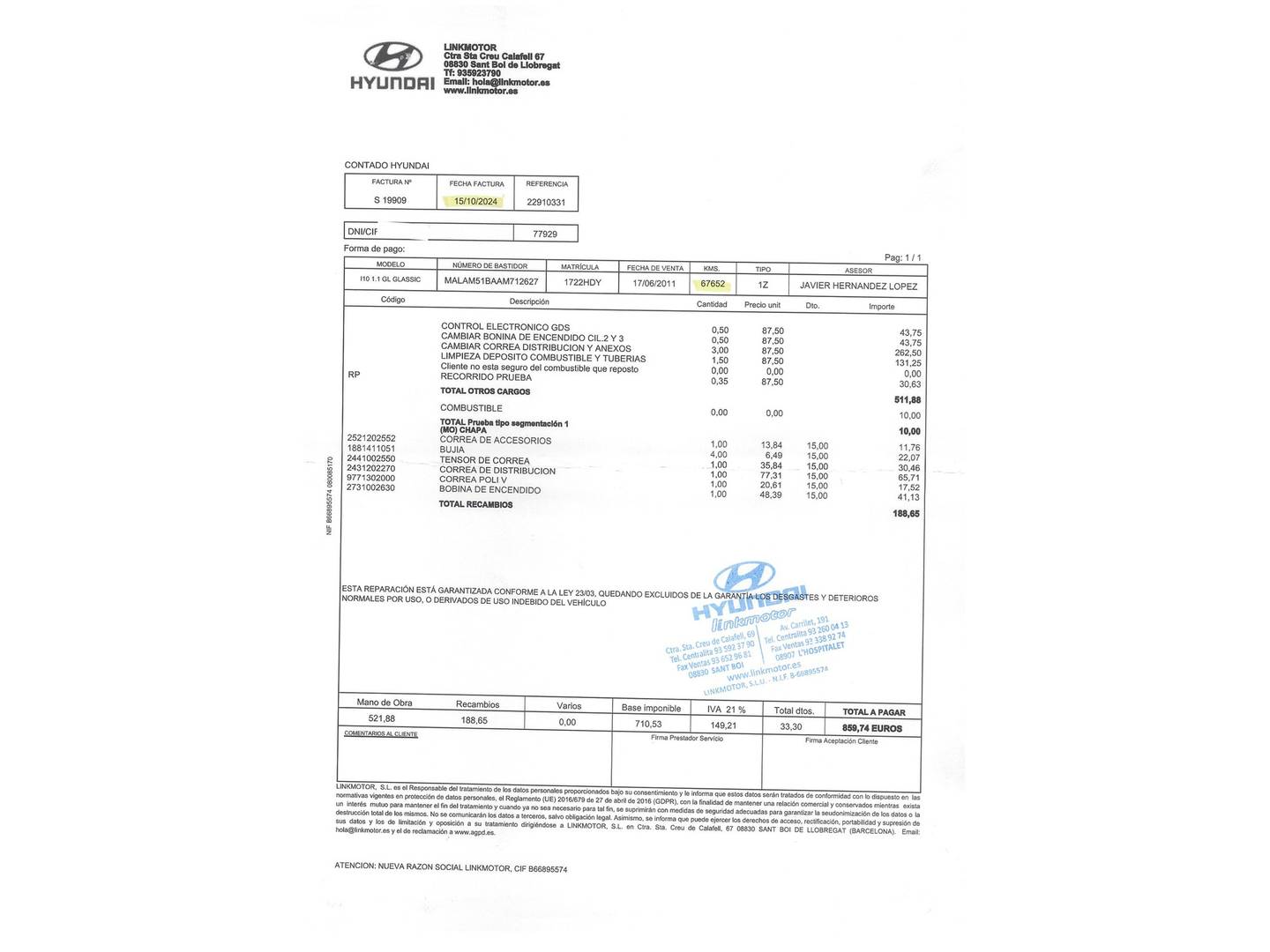 Foto del mantenimiento del Hyundai i10 Hyundai i10 1.1 GL Classic AA (66 CV)