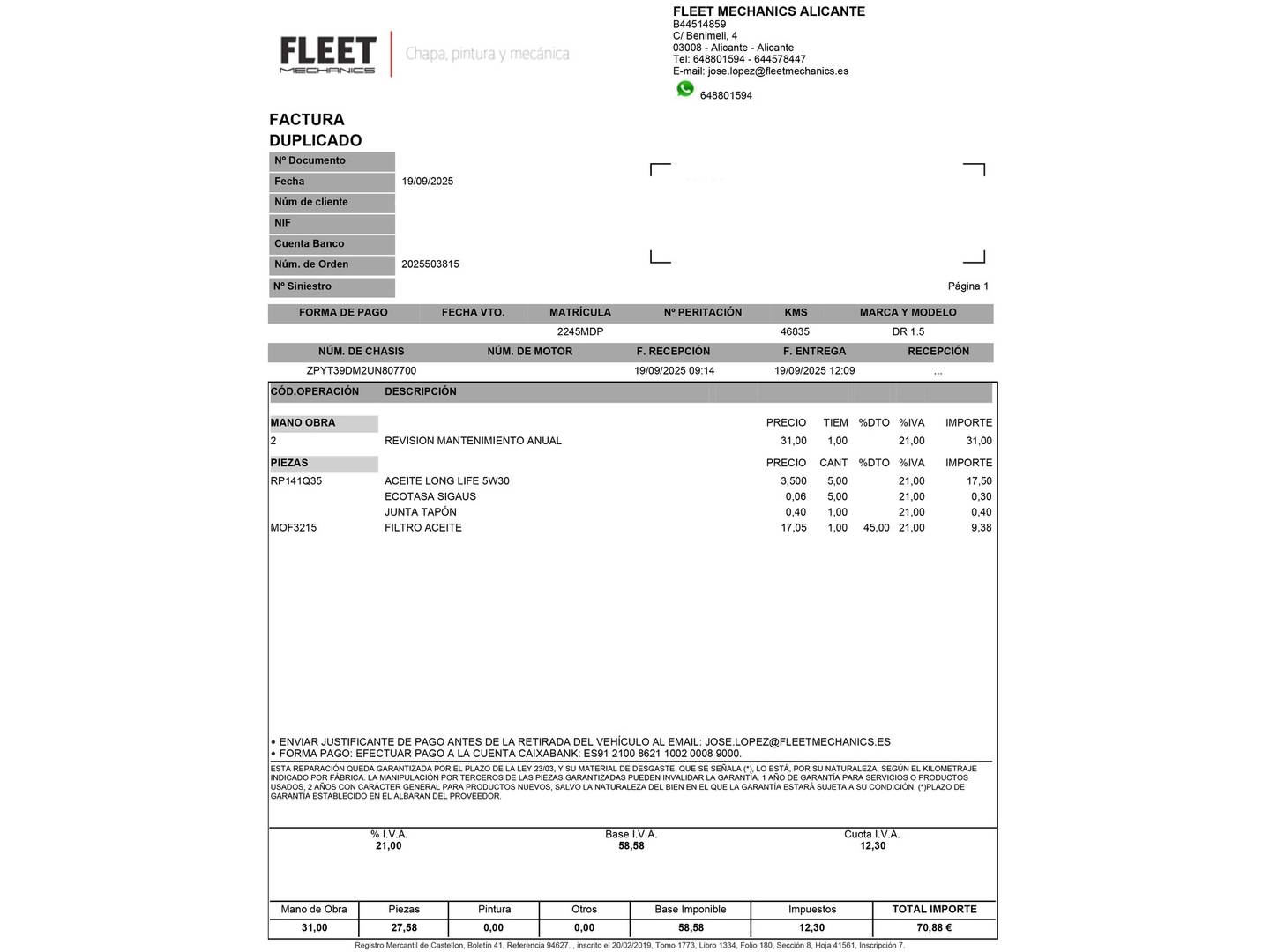 Foto del mantenimiento del DR AUTOMOBILES DR 4.0 DR AUTOMOBILES DR4 1.5 (116 CV)