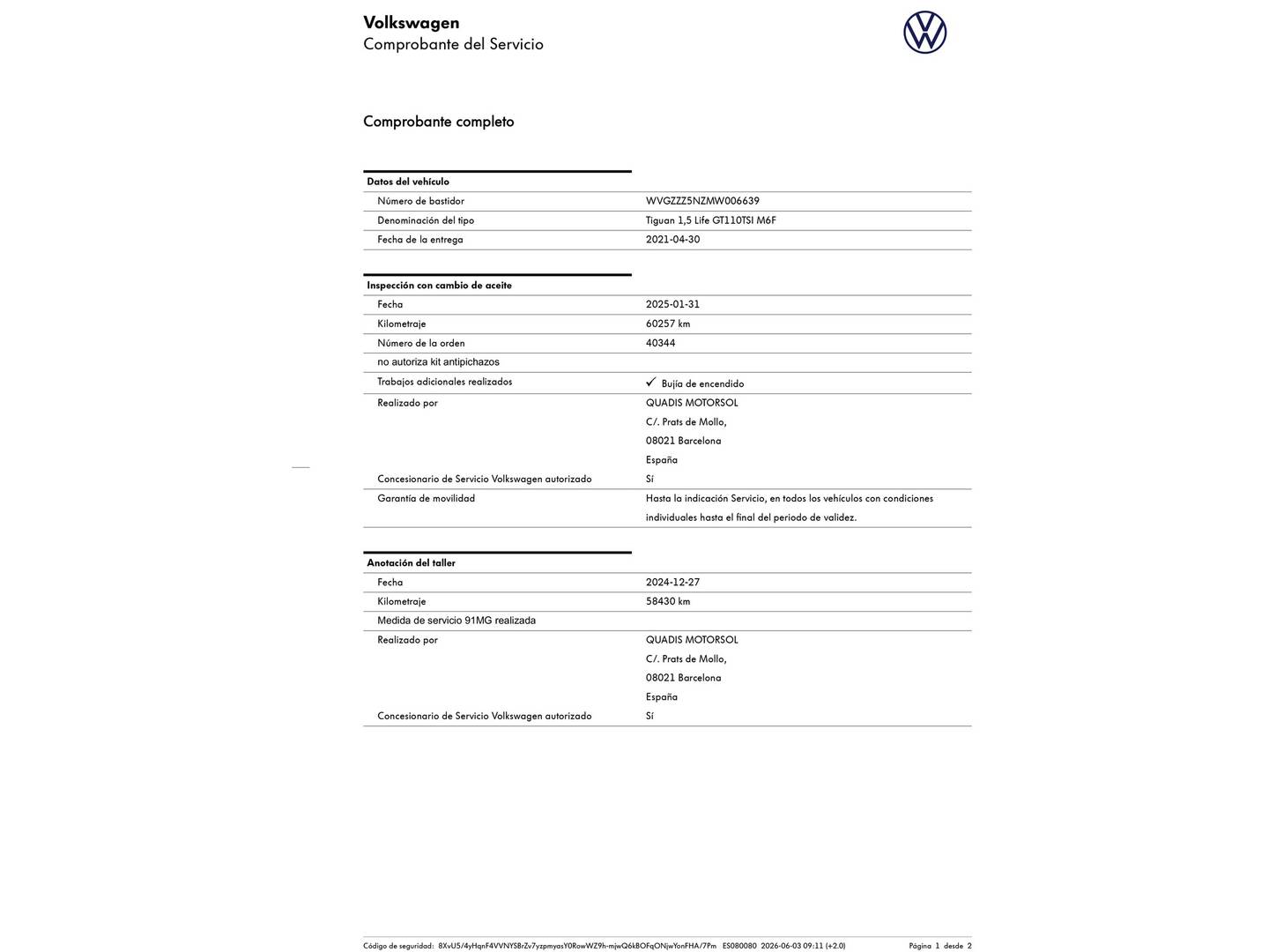 Foto del mantenimiento del Volkswagen Tiguan Volkswagen Tiguan Life 1.5 TSI (150 CV)