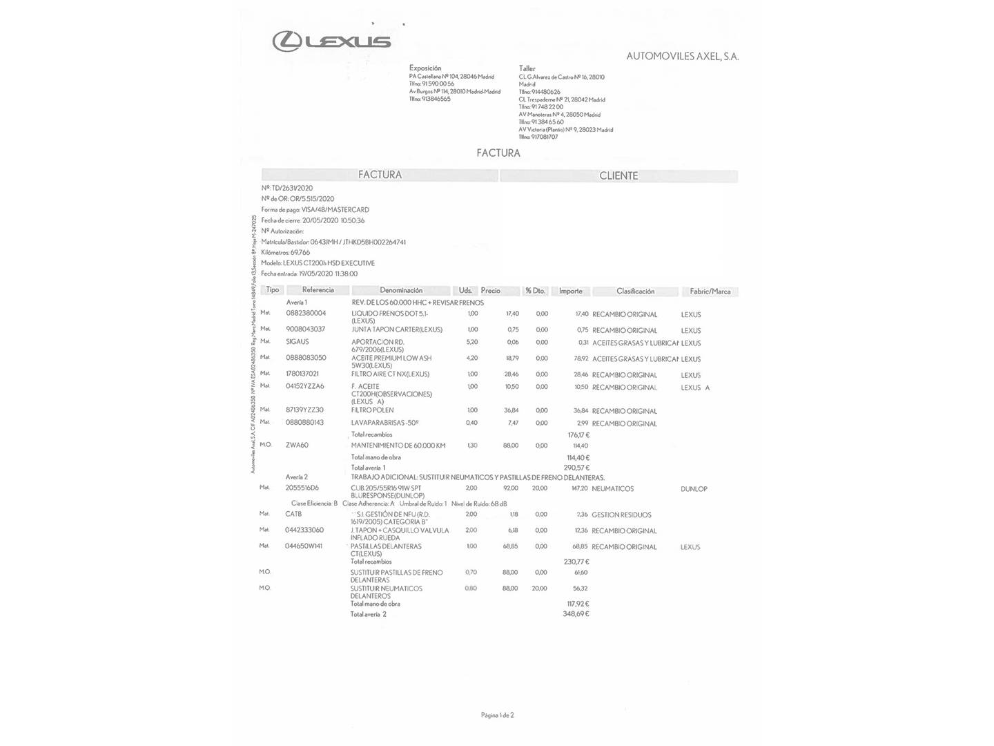 Foto del mantenimiento del Lexus CT Lexus CT 200h Executive 100 kW (136 CV)