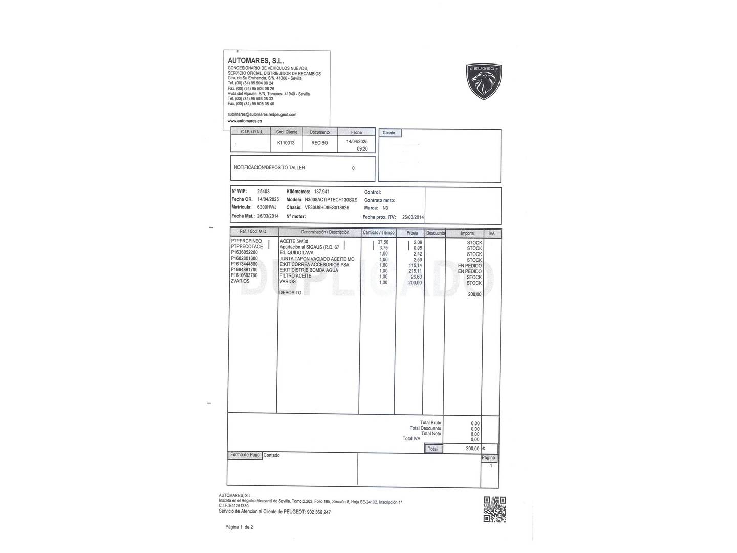 Foto del mantenimiento del Peugeot 3008 Peugeot 3008 1.6 HDI Active FAP (115 CV)