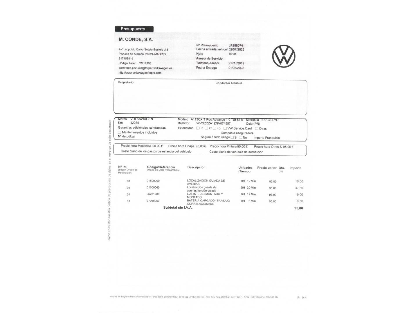 Foto del mantenimiento del Volkswagen T-Roc Volkswagen T-Roc Advance R-Line 1.0 TSI (110 CV)