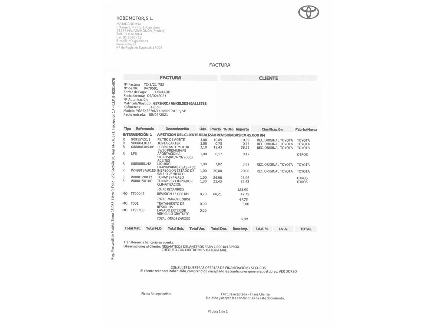 Foto del mantenimiento del Toyota Yaris Toyota Yaris 70 Active (69 CV)
