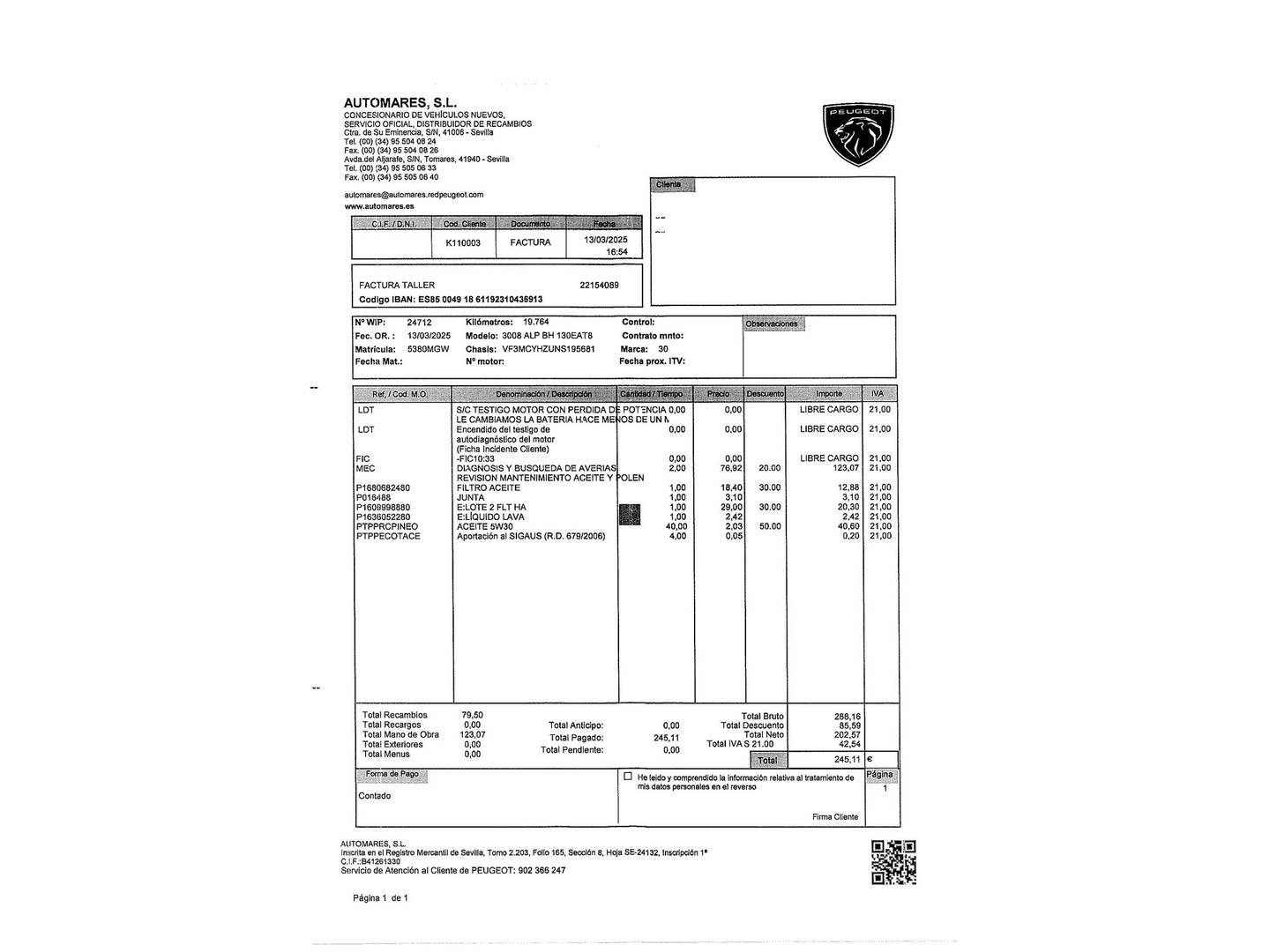 Foto del mantenimiento del Peugeot 3008 Peugeot 3008 BlueHDi 130 S&S Allure Pack EAT8 (130 CV)