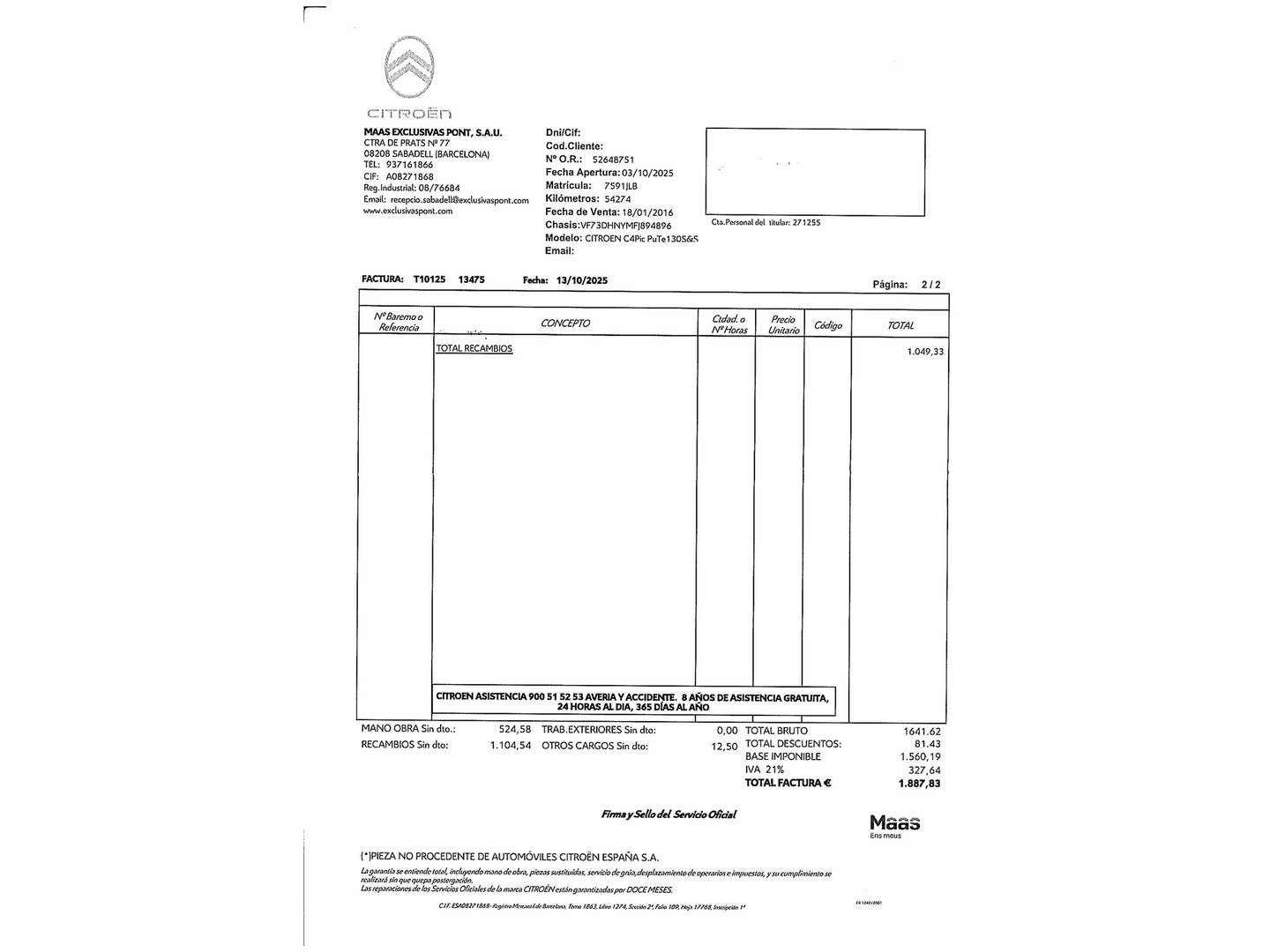 Foto del mantenimiento del Citroën C4 Picasso Citroën C4 Picasso PureTech 130 S&S Feel (130 CV)