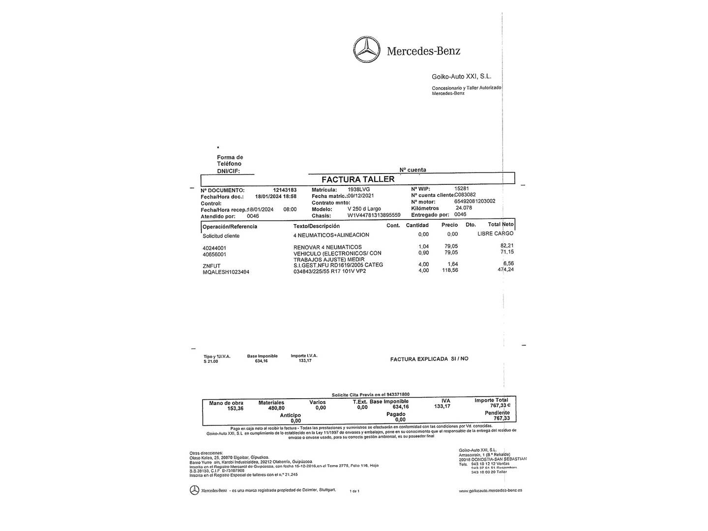 Foto del mantenimiento del Mercedes Clase V Mercedes Clase V 250 d Avantgarde Largo (190 CV) 8 Plazas