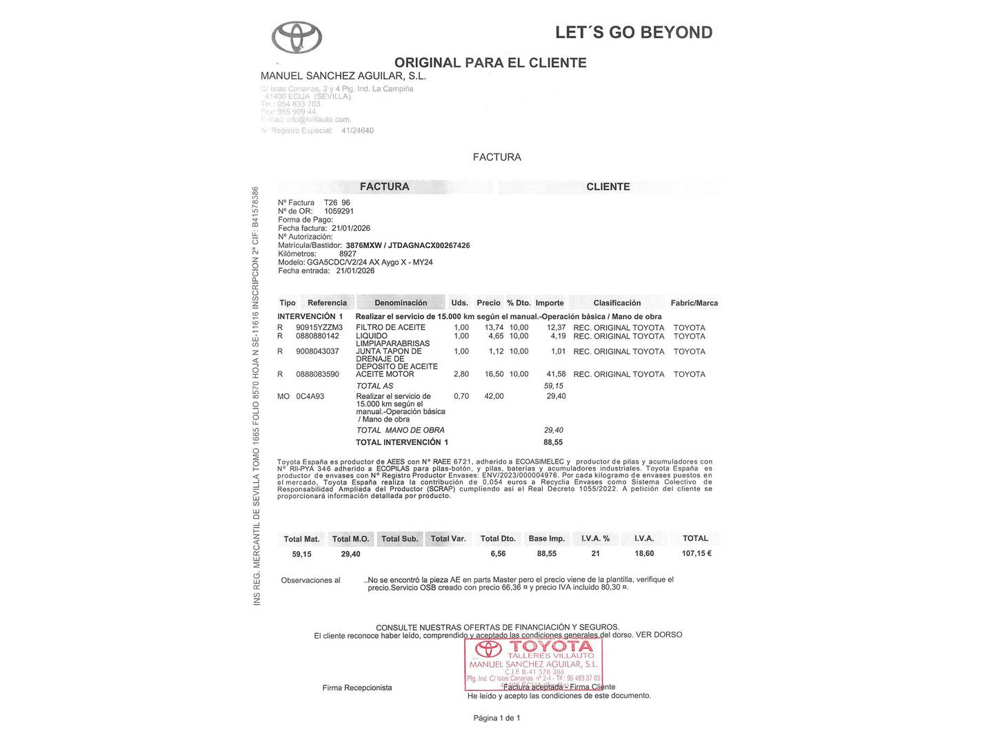 Foto del mantenimiento del Toyota Aygo X Cross Toyota Aygo X Cross 1.0 VVT-I Undercover CVT (72 CV)