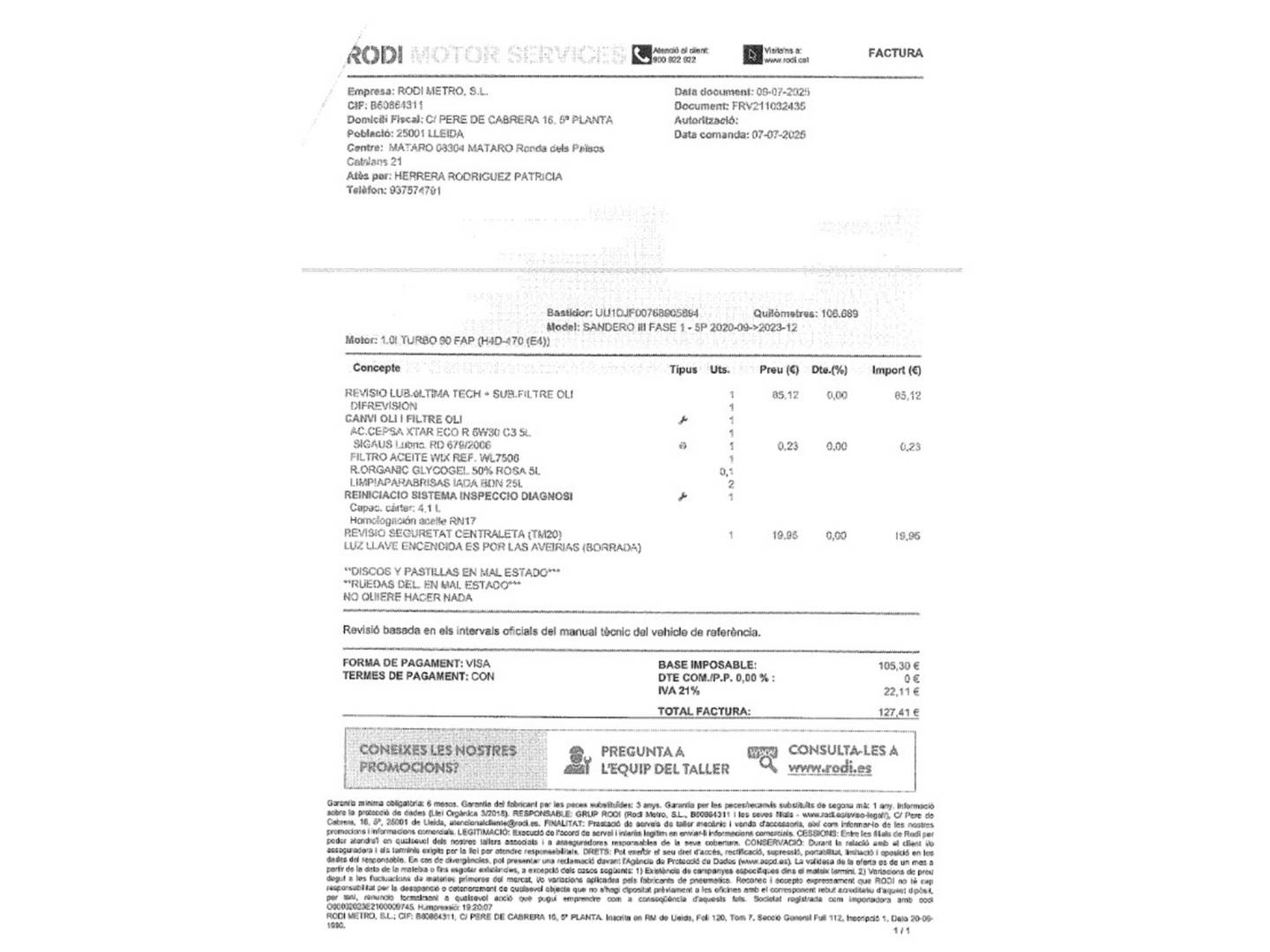 Foto del mantenimiento del Dacia Sandero Dacia Sandero Comfort TCe (91 CV)