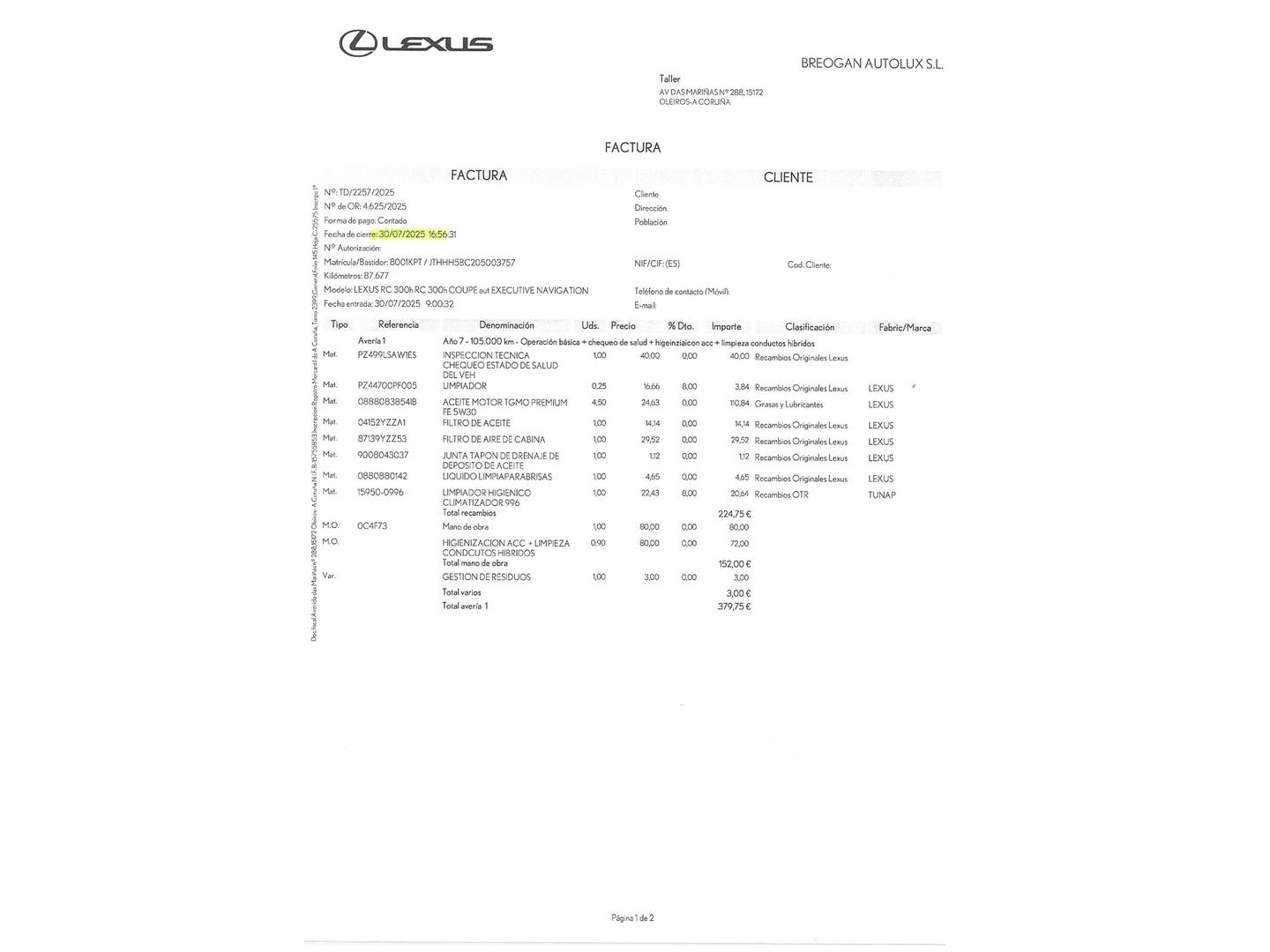 Foto del mantenimiento del Lexus RC Lexus RC RC 300h Executive Navi NEDC (223 CV)