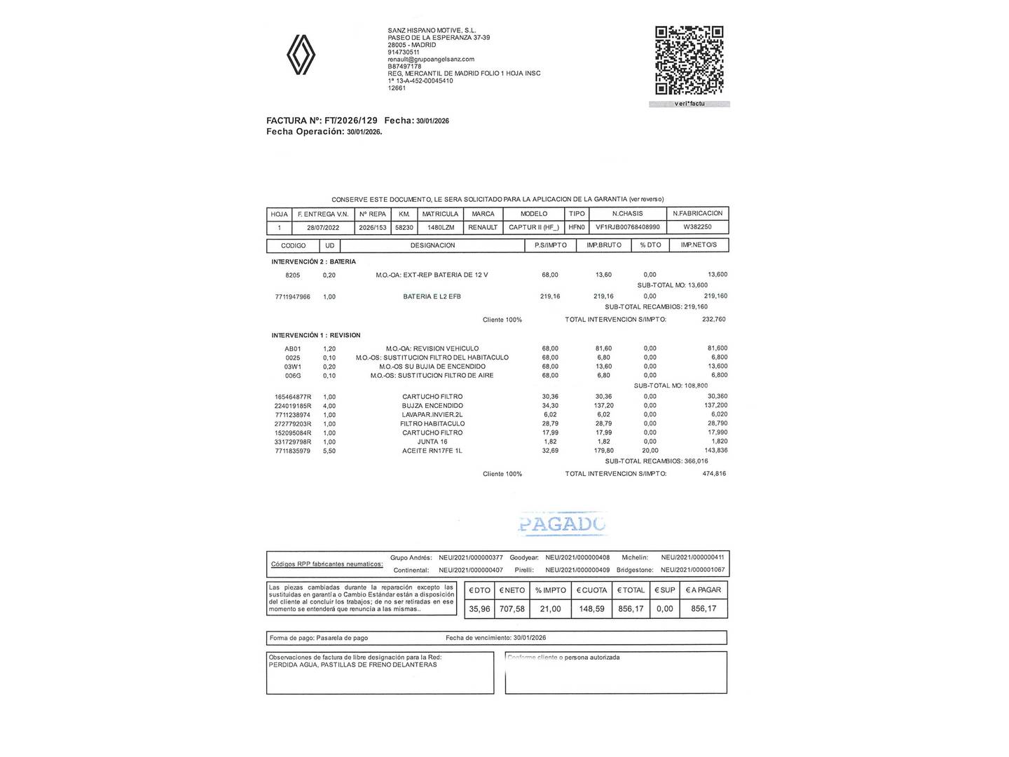 Foto del mantenimiento del Renault Captur Renault Captur Equilibre TCe (100 CV) GLP