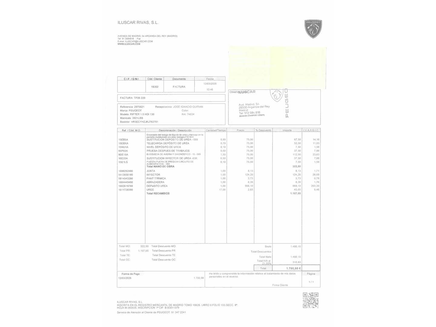 Foto del mantenimiento del Peugeot Rifter Peugeot Rifter BlueHDi 130 S&S Allure Standard (130 CV)
