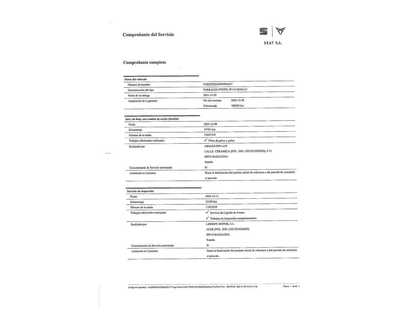 Foto del mantenimiento del Seat Tarraco Seat Tarraco 2.0 TDI S&S FR GO L DSG (150 CV)