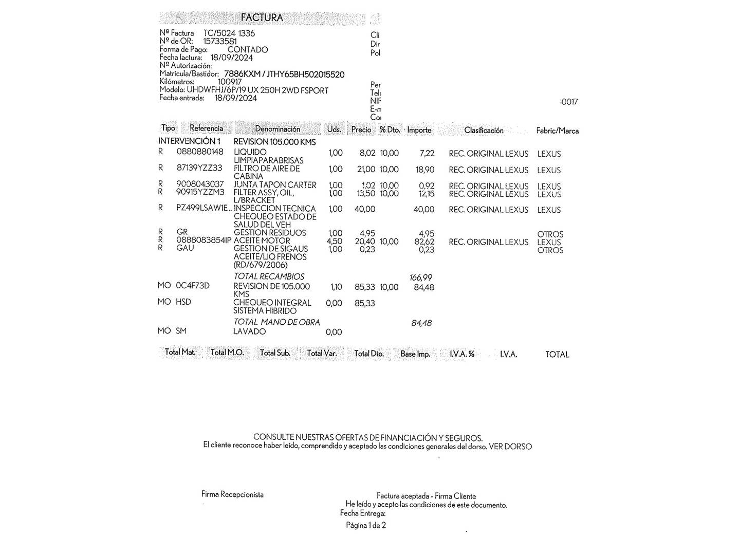 Foto del mantenimiento del Lexus UX Lexus UX 250h F Sport (184 CV)