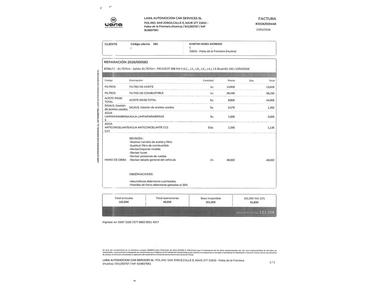 Foto del mantenimiento del Peugeot 308 Peugeot 308 SW SW GT Pack BlueHDi 130 S&S EAT8 (130 CV)