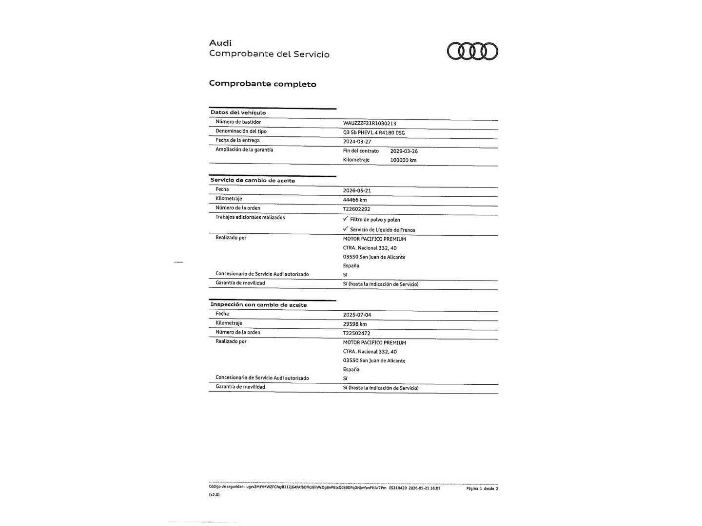 Foto del mantenimiento del Audi Q3 Sportback Audi Q3 Sportback TFSIe Advanced 45 TFSI e (245 CV) S tronic