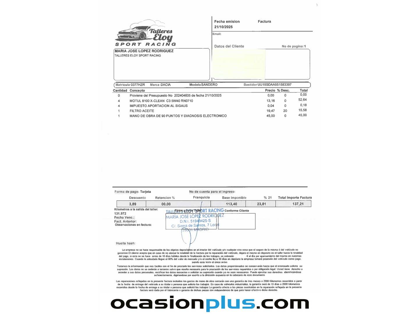 Foto del mantenimiento del Dacia Sandero Dacia Sandero Laureate TCe (90 CV)