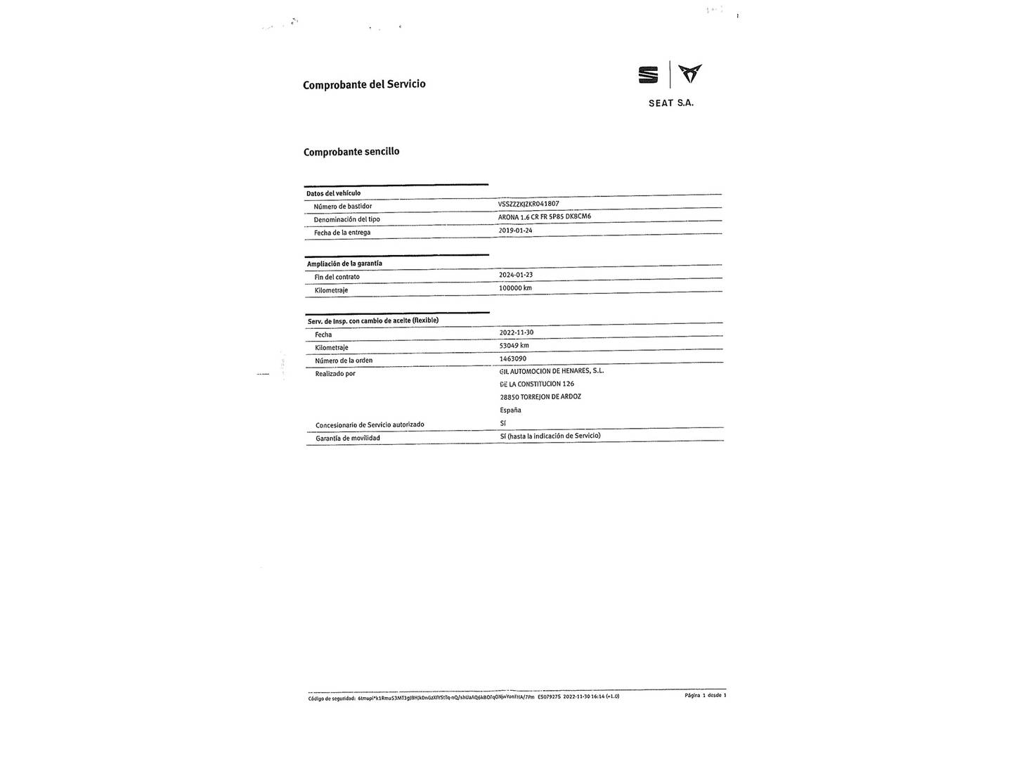 Foto del mantenimiento del Seat Arona Seat Arona 1.6 TDI Ecomotive FR (115 CV)