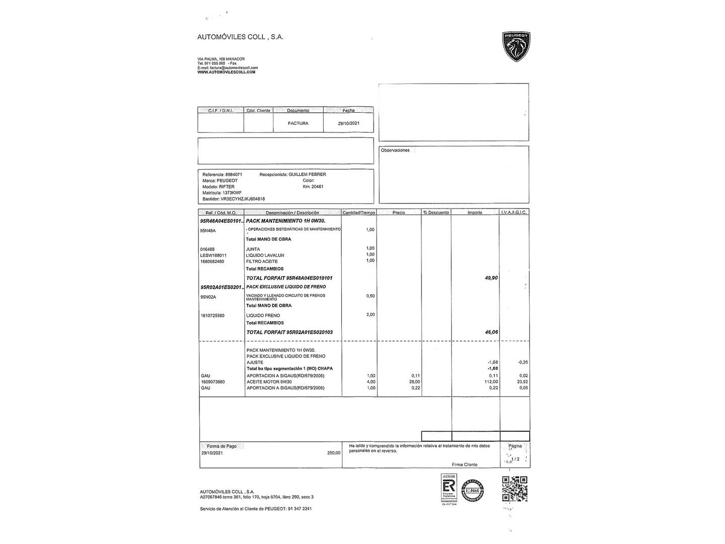 Foto del mantenimiento del Peugeot Rifter Peugeot Rifter BlueHDi 130 S&S Allure Long (130 CV) 7 Plazas