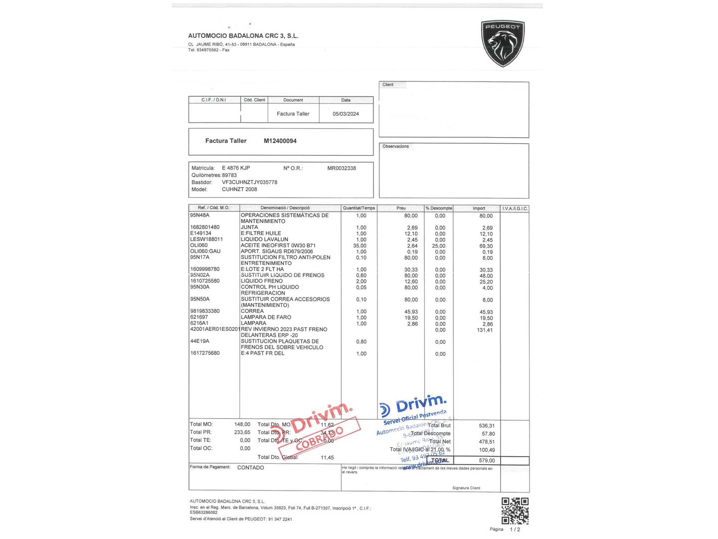 Foto del mantenimiento del Peugeot 2008 Peugeot 2008 PureTech 110 S&S Allure EAT6 (110 CV)