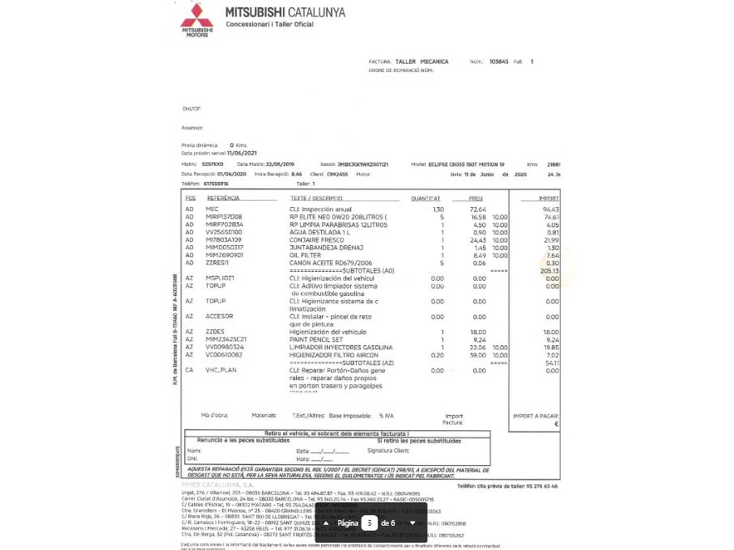 Foto del mantenimiento del Mitsubishi Eclipse Cross Mitsubishi Eclipse Cross 150T Motion (163 CV)
