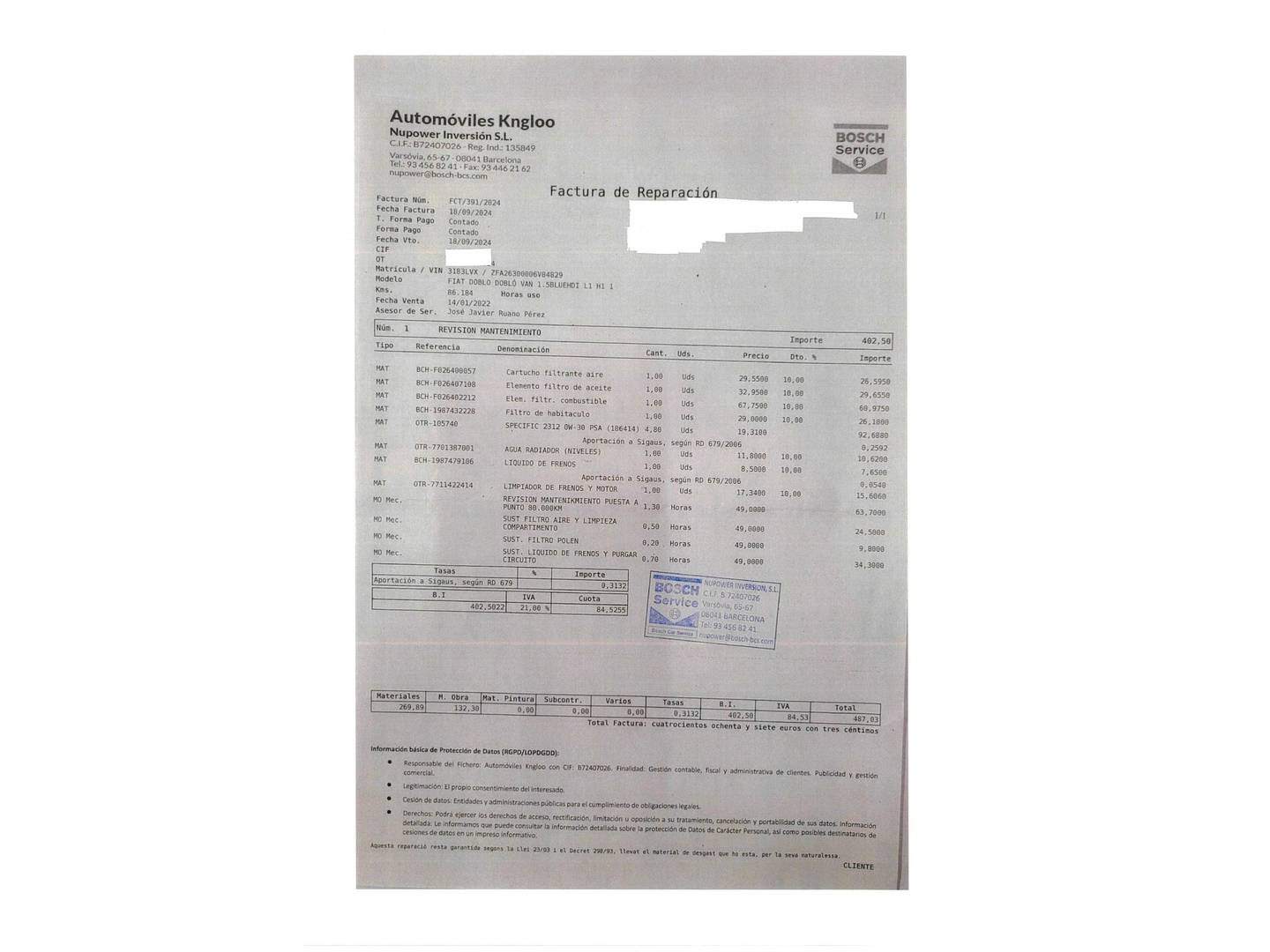 Foto del mantenimiento del Fiat Doblò Cargo Fiat Dobló Cargo Cargo 1.6 Multijet SX (90 CV)