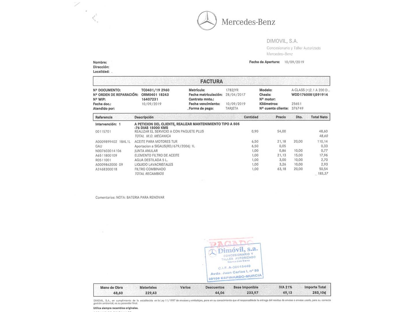 Foto del mantenimiento del Mercedes Clase A Mercedes Clase A 200 d (136 CV) Pack AMG