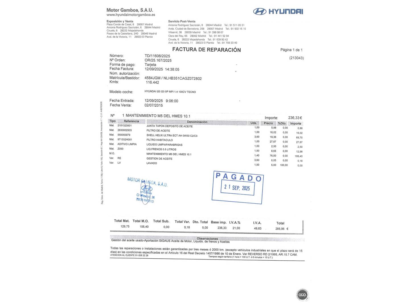 Foto del mantenimiento del Hyundai i20 Hyundai i20 1.4 MPI Tecno (100 CV)