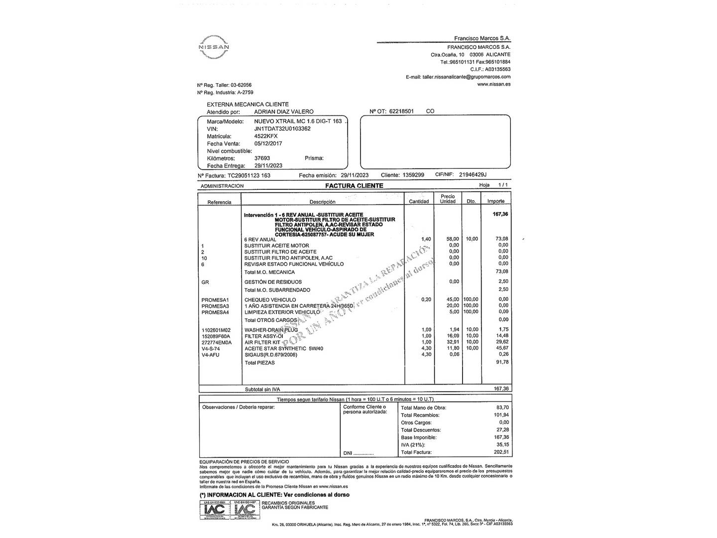 Foto del mantenimiento del Nissan X-TRAIL Nissan X-Trail 1.6 DIG-T N-Connecta 4x2 (163 CV)