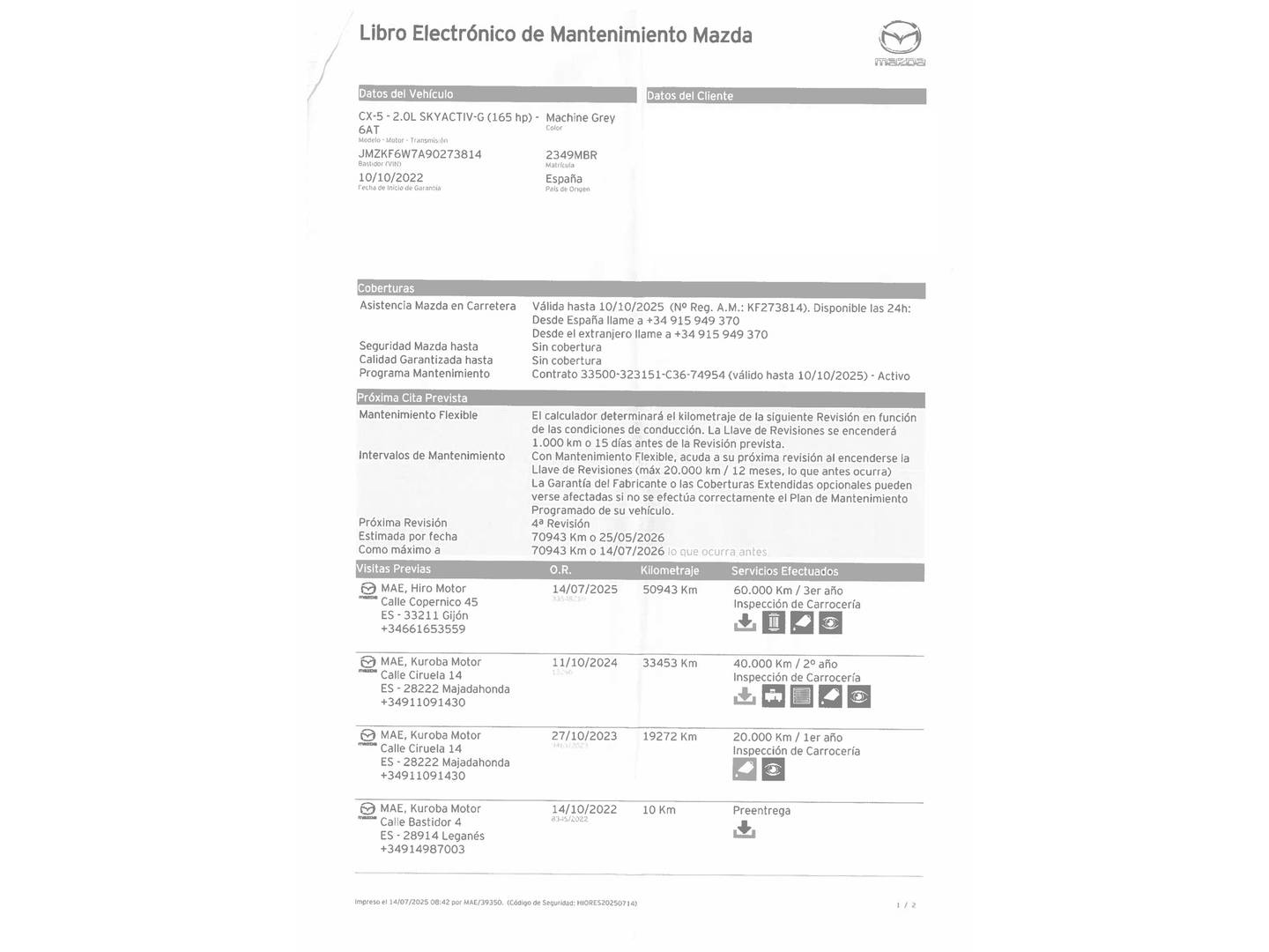 Foto del mantenimiento del Mazda CX-5 Mazda CX-5 2.0 GE Homura AT (165 CV)