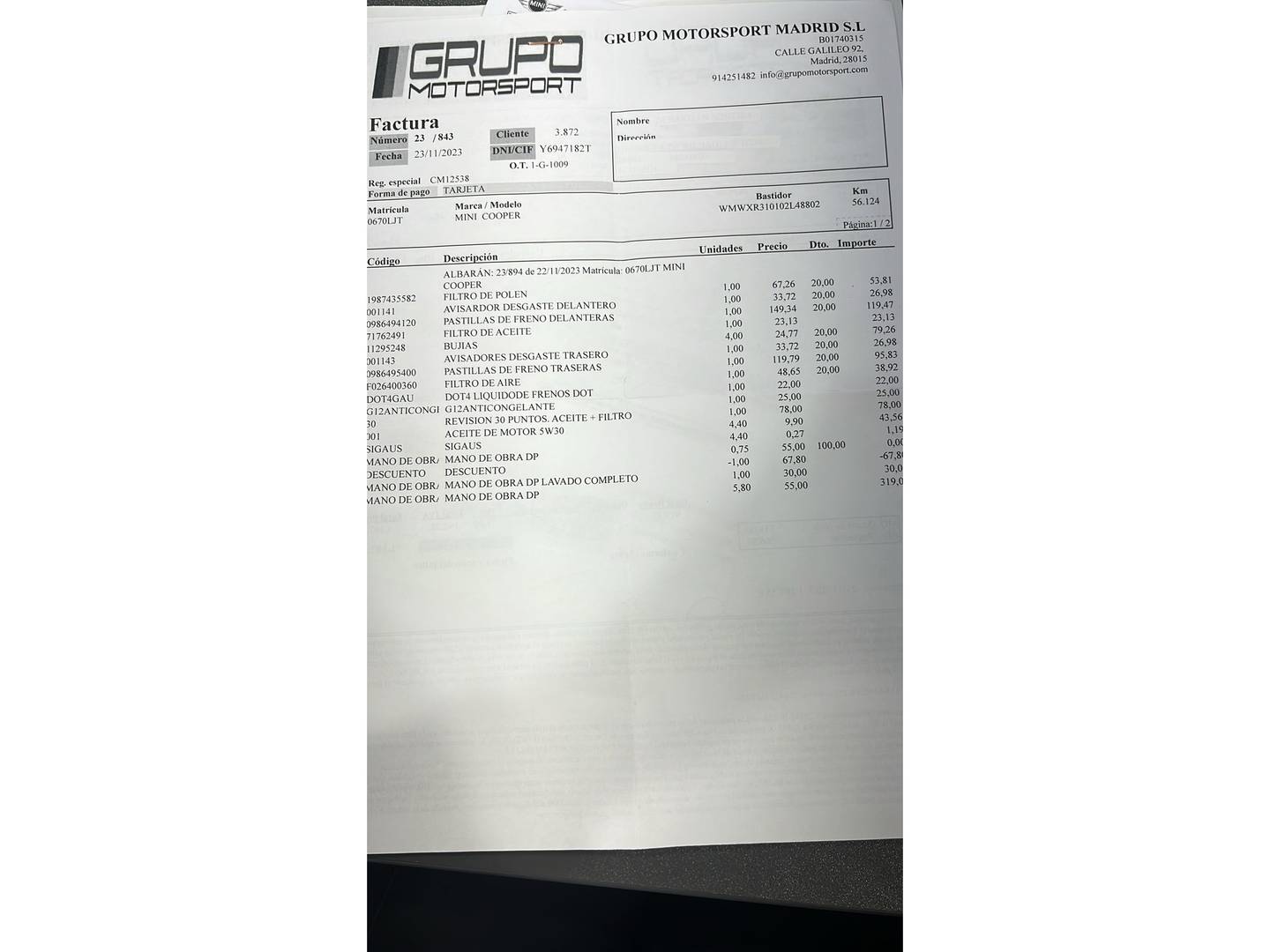 Foto del mantenimiento del Mini MINI MINI MINI Cooper Cooper (136 CV)