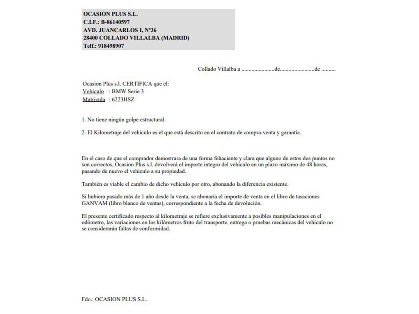 Foto del certificado del BMW Serie 3 BMW Serie 3 320d Gran Turismo (184 CV)