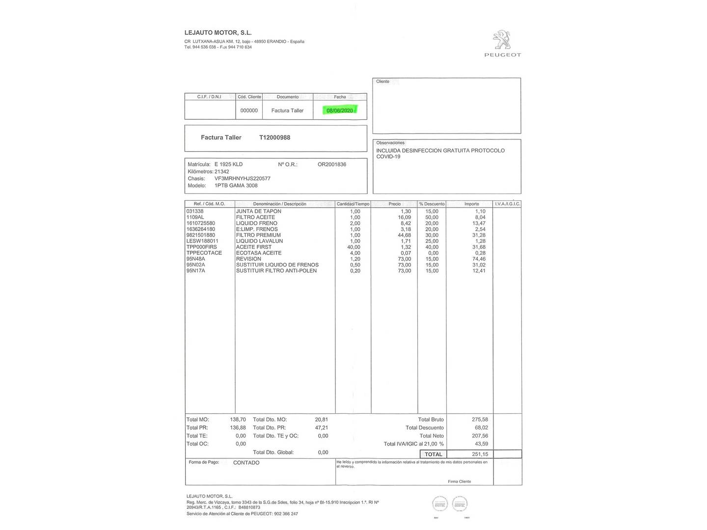 Foto del mantenimiento del Peugeot 3008 Peugeot 3008 PureTech 130 Allure (130 CV)
