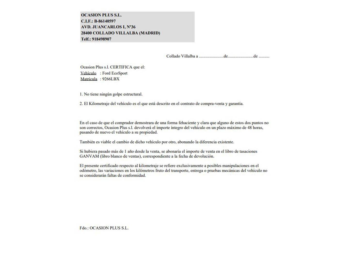 Foto del certificado del Ford EcoSport Ford EcoSport 1.0T EcoBoost S&S ST Line (125 CV)