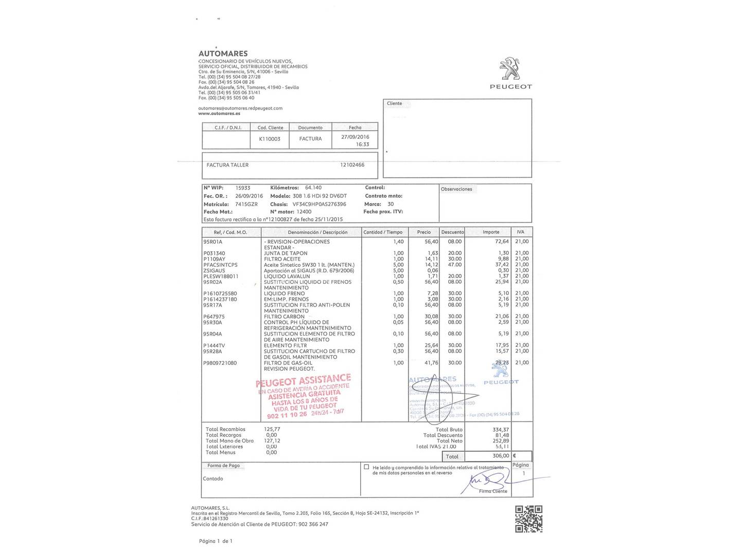 Foto del mantenimiento del Peugeot 308 Peugeot 308 1.6 HDI Envy (92 CV)
